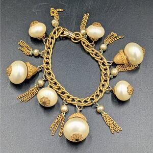 Vintage Gold Tone Faux Pearl Charm Bracelet Acorn Style Dangle Tassel Bracelet